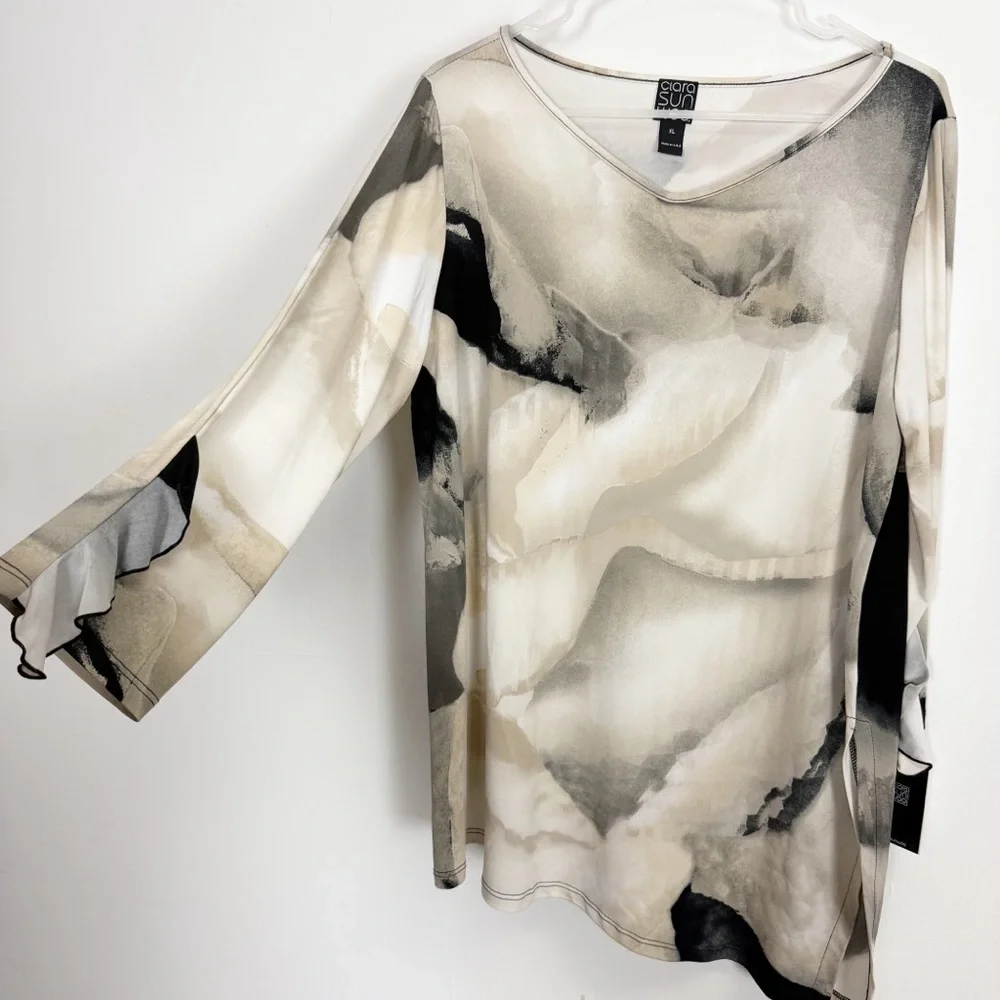 Clara Sunwoo Tunic Womens XL Black Beige 3/4 Sleeve Asymmetrical Hem NWT